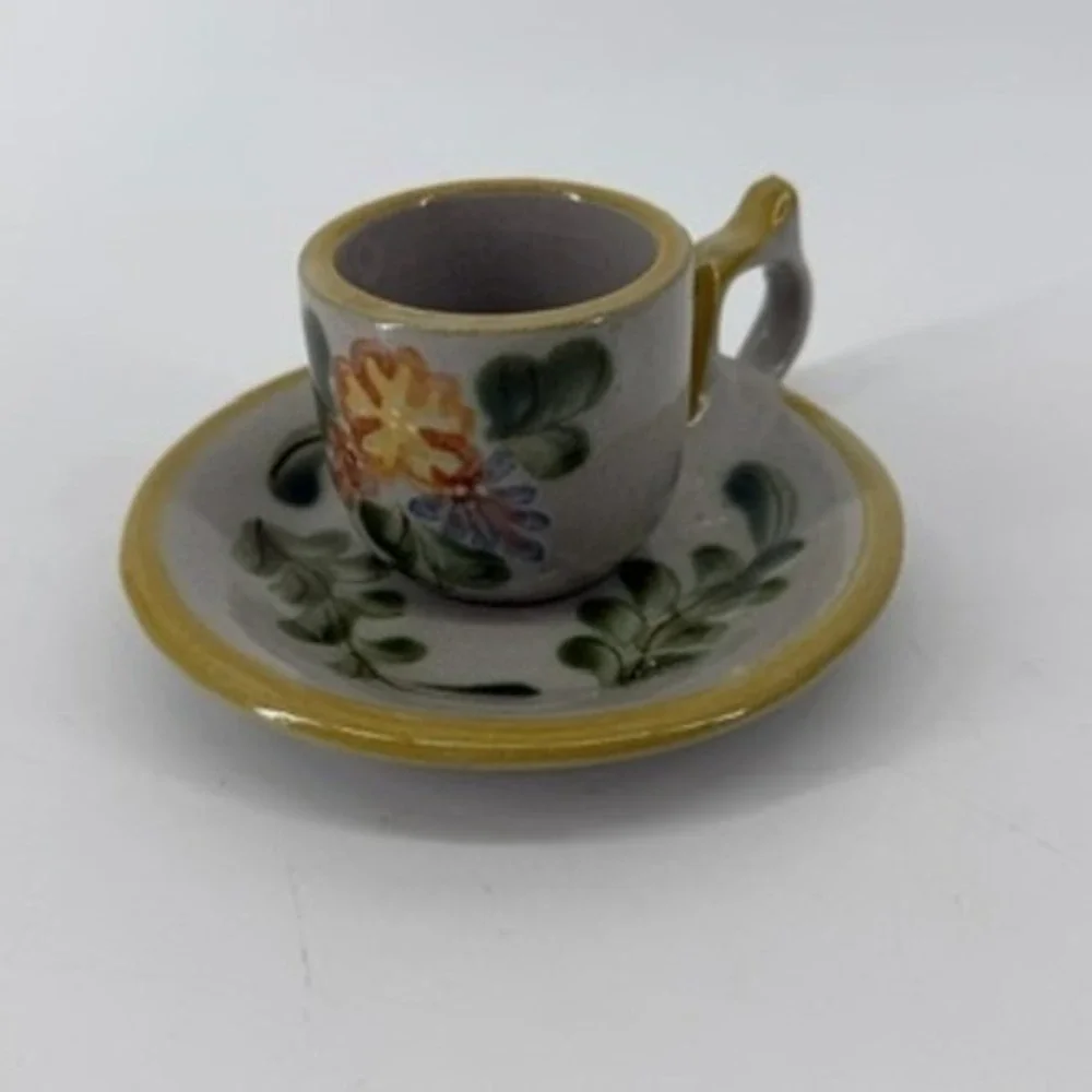 Louisville Stoneware Miniature Cup and Saucer Hand Painted Floral Gray Yellow